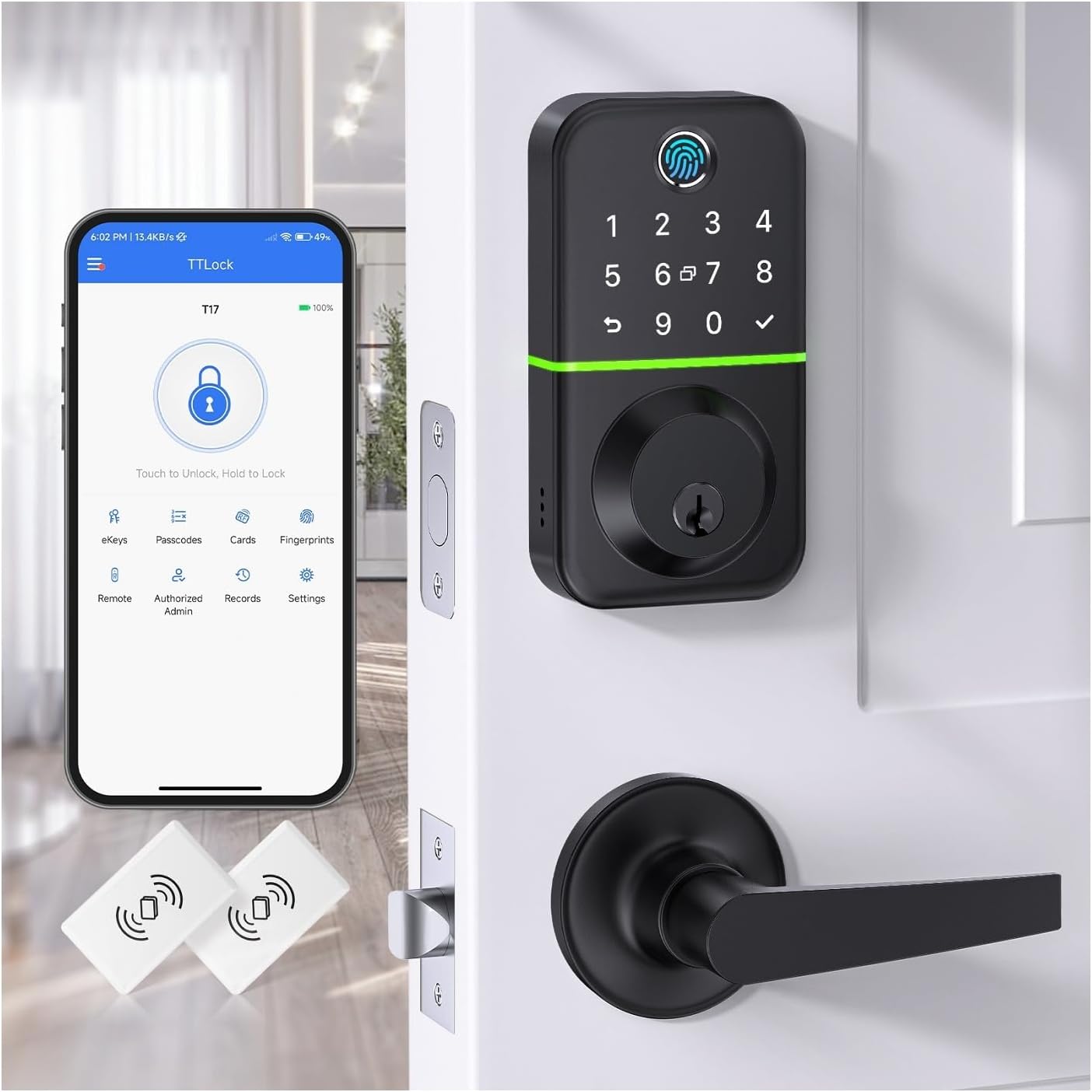 Keypad Handle Set Smart Lock - Fingerprint Deadbolt with 2 Levers - APP Controlled Keyless Entry - Waterproof & Electronics