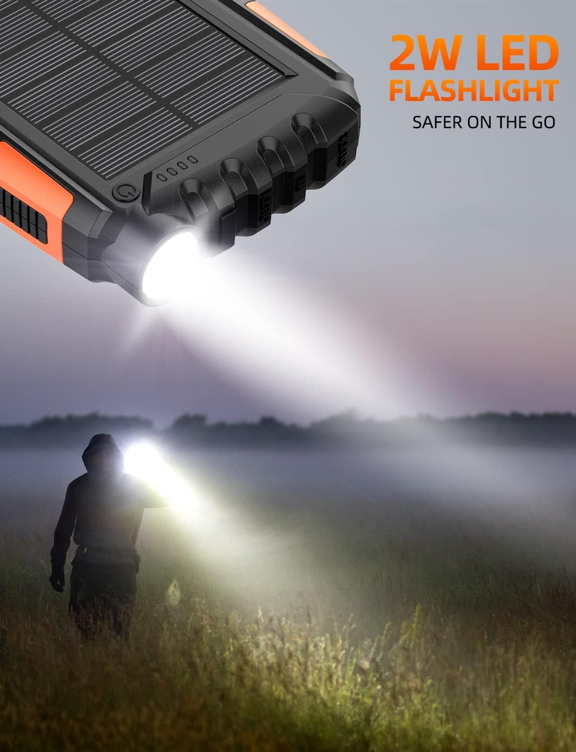 Power-Bank-Solar-Charger - 42800mAh Portable Charger,Solar Power Bank,External Battery Pack 5V3.1A Qc 3.0 Fast Charger Built-in Super Bright Flashlight (Orange) - Image 5