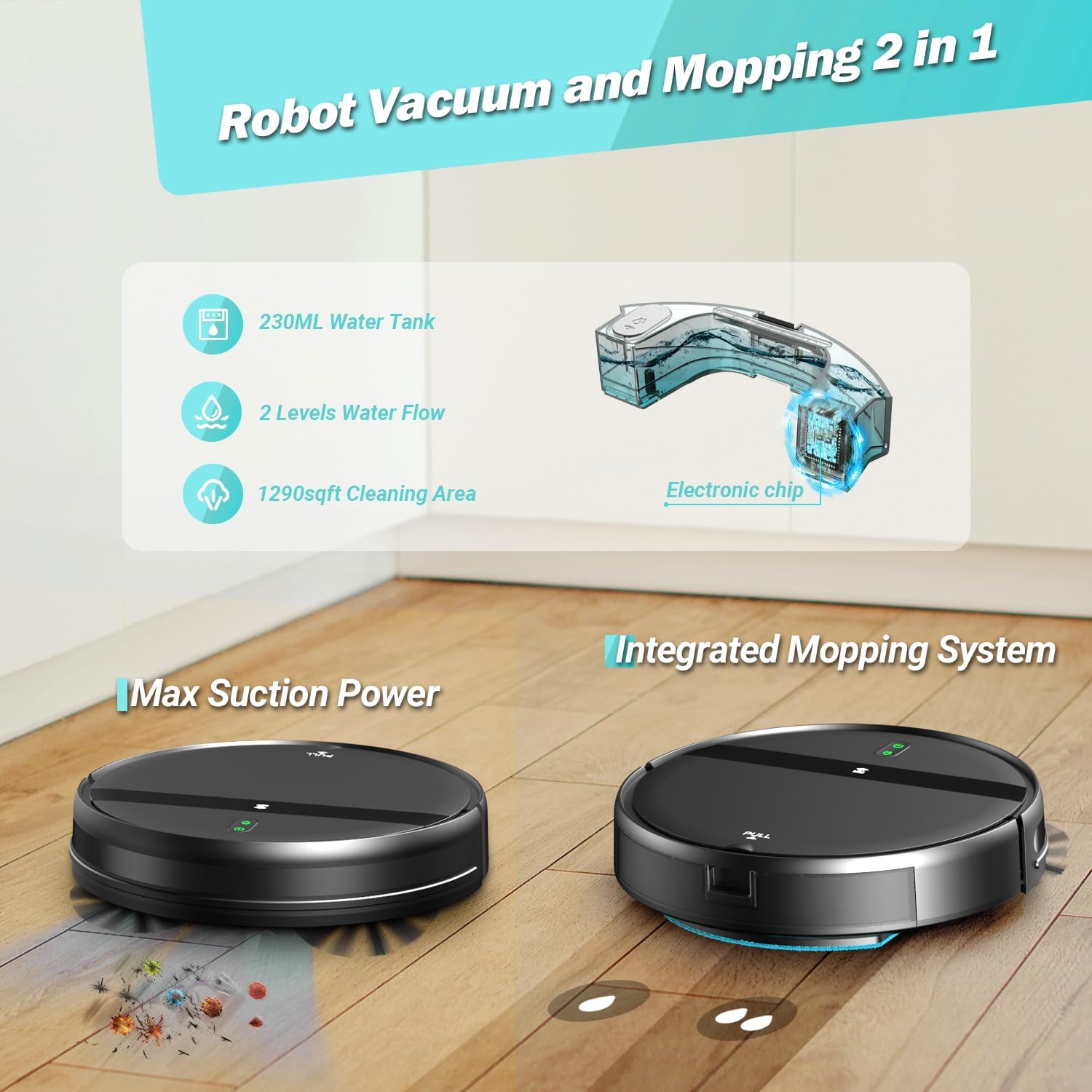 Robot Vacuum and Mop Combo for Pet Hair–2300Pa Robotic Vacuum Cleaner with WiFi/Alexa/App Control, 2H Runtime & Tangle-Free Tech, Auto Recharge, Ultra-Slim Quiet for Hard Floors/Low-Pile Carpets - Image 3