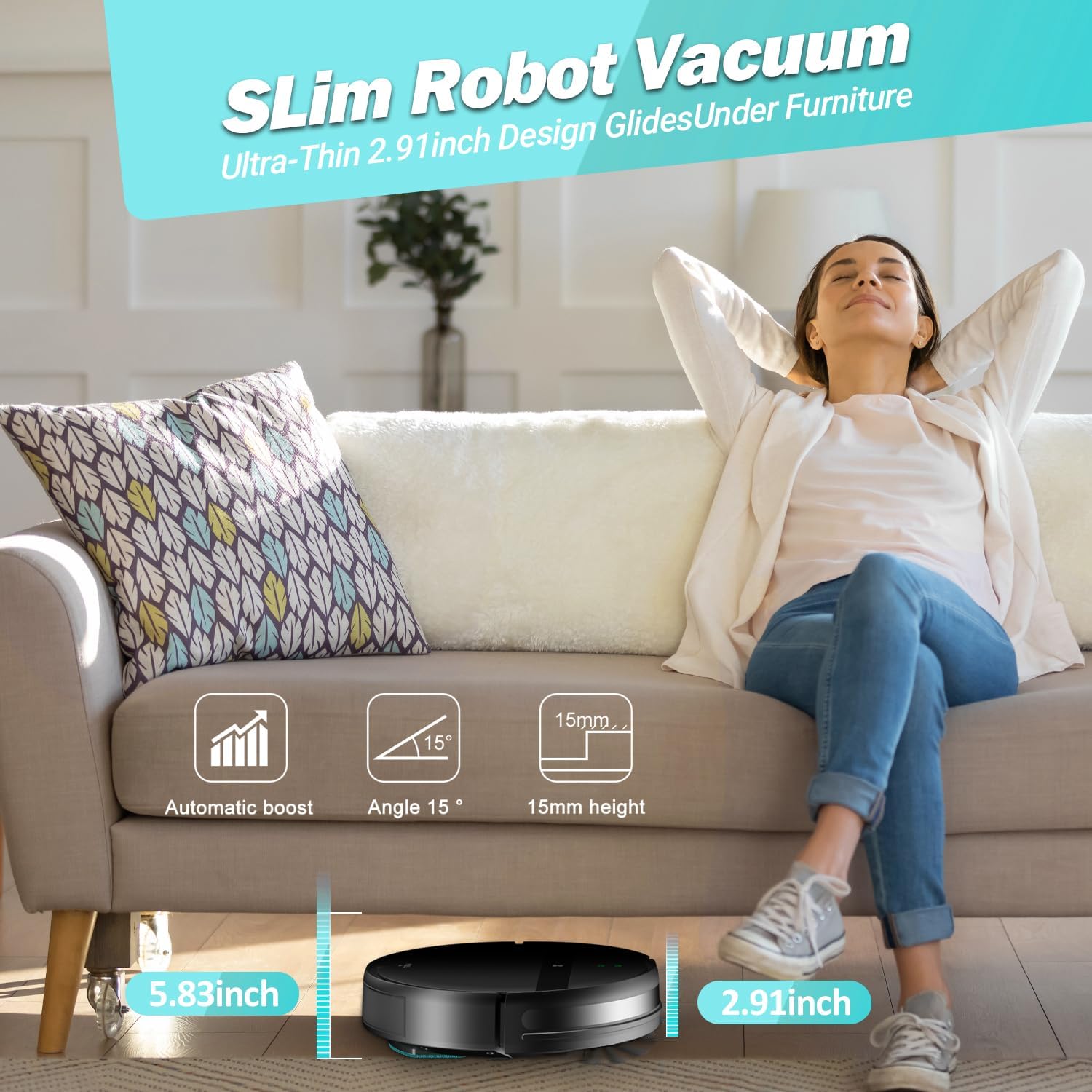 Robot Vacuum and Mop Combo for Pet Hair–2300Pa Robotic Vacuum Cleaner with WiFi/Alexa/App Control, 2H Runtime & Tangle-Free Tech, Auto Recharge, Ultra-Slim Quiet for Hard Floors/Low-Pile Carpets - Image 7