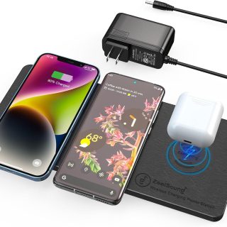 Wireless Charging Pad, ZealSound Ultra-Slim Triple Charger Station for Multiple 3 Devices & New Airpods Ultra Slim PU Leather Wireless Charging Mat W/AC Adapter for Smartphone Phone (Black)