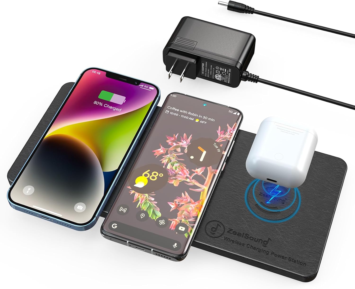 Wireless Charging Pad, ZealSound Ultra-Slim Triple Charger Station for Multiple 3 Devices & New Airpods Ultra Slim PU Leather Wireless Charging Mat W/AC Adapter for Smartphone Phone (Black)