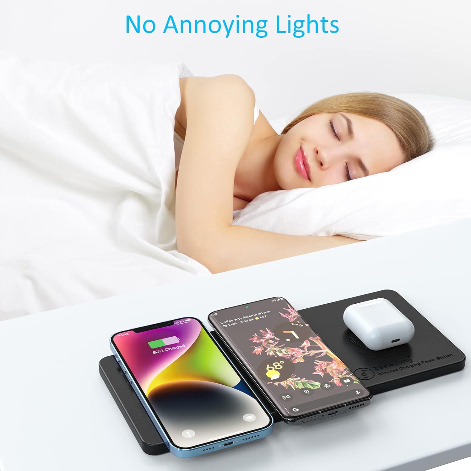 Wireless Charging Pad, ZealSound Ultra-Slim Triple Charger Station for Multiple 3 Devices & New Airpods Ultra Slim PU Leather Wireless Charging Mat W/AC Adapter for Smartphone Phone (Black) - Image 5